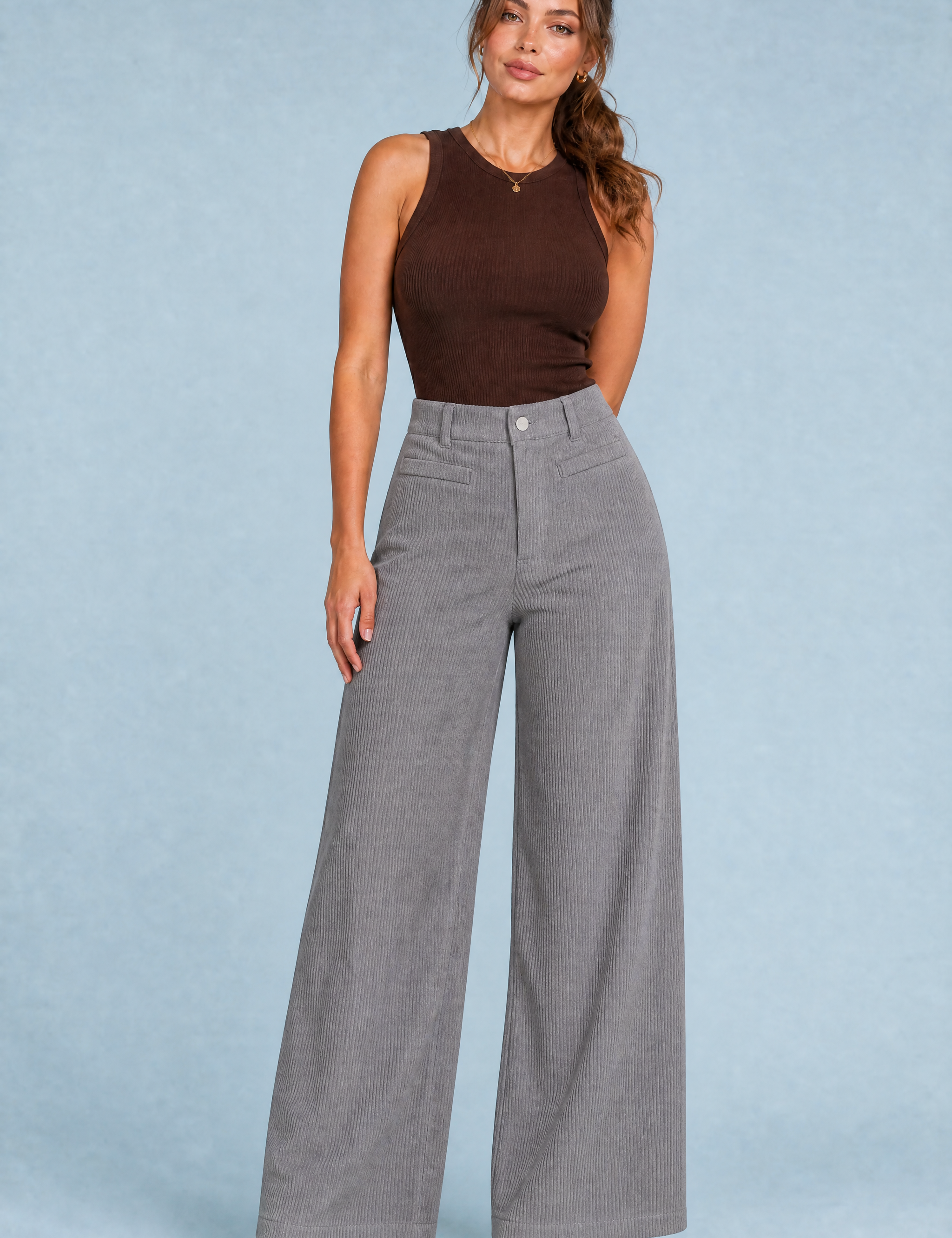 Pantalon large velours côtelé taille haute | Variante Gris | Lounelle Paris