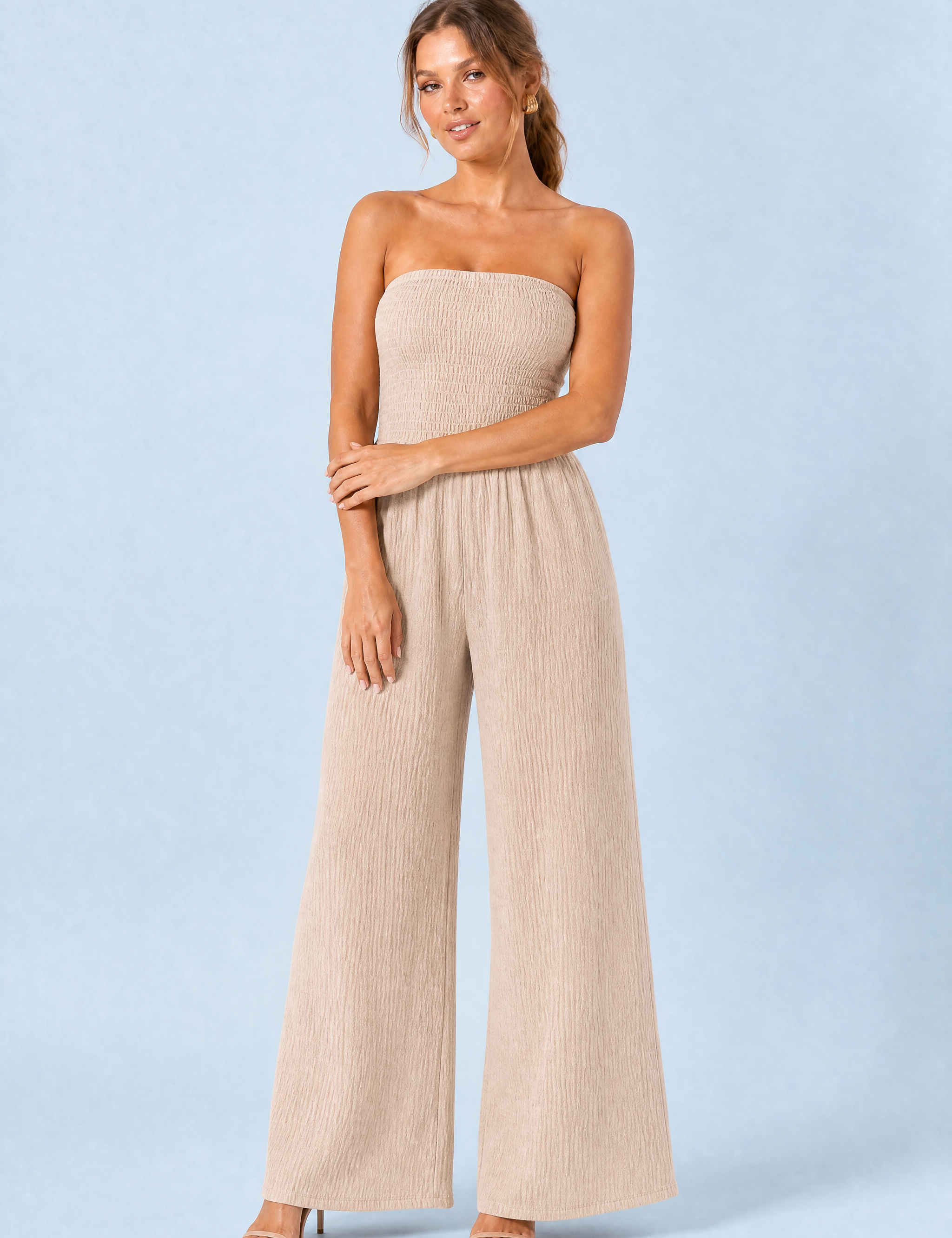 Combinaison bandeau jambes larges | Variante Beige | Lounelle Paris