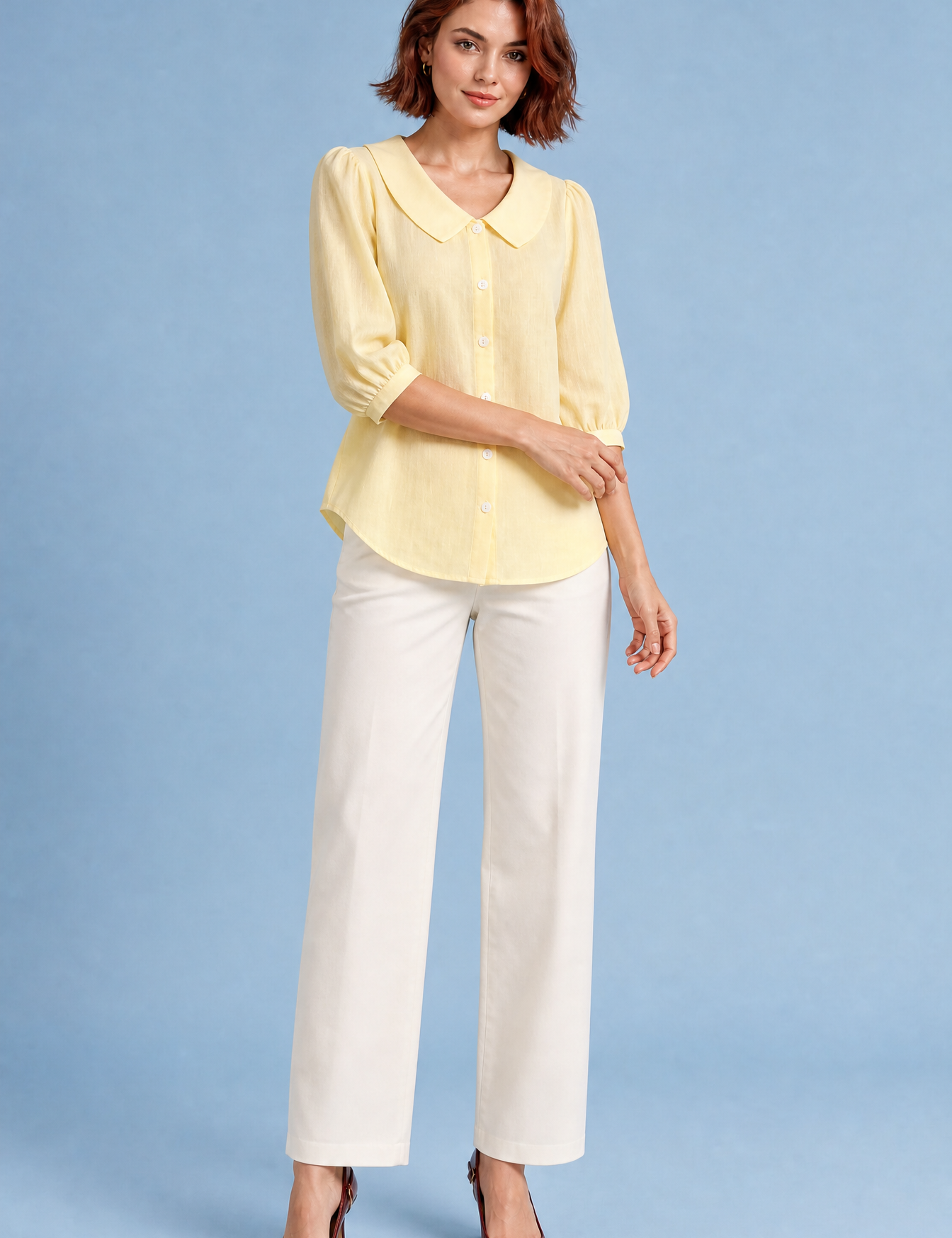 Chemisier col rond manches bouffantes | Variante Jaune | Lounelle Paris