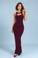 Abito lungo bordeaux in maglia costolata