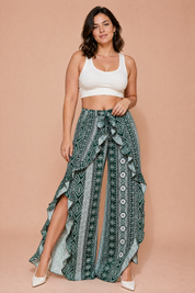 Pantalon vert imprimé taille haute | Porté sur une autre silhouette | Lounelle Paris