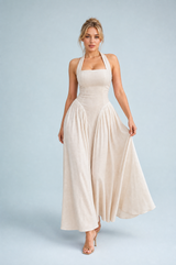 Abito lungo albicocca scollo halter schiena nuda