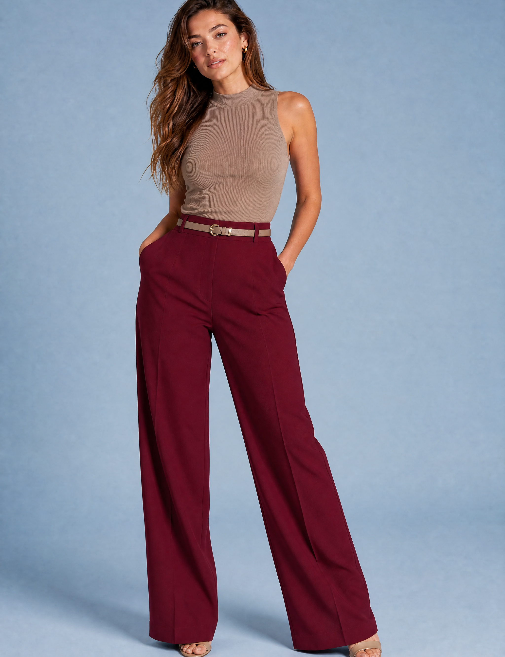 Pantalon fluide taille haute jambe large | Variante Bordeaux | Lounelle Paris