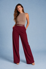 Pantalon fluide taille haute jambe large | Variante Bordeaux | Lounelle Paris