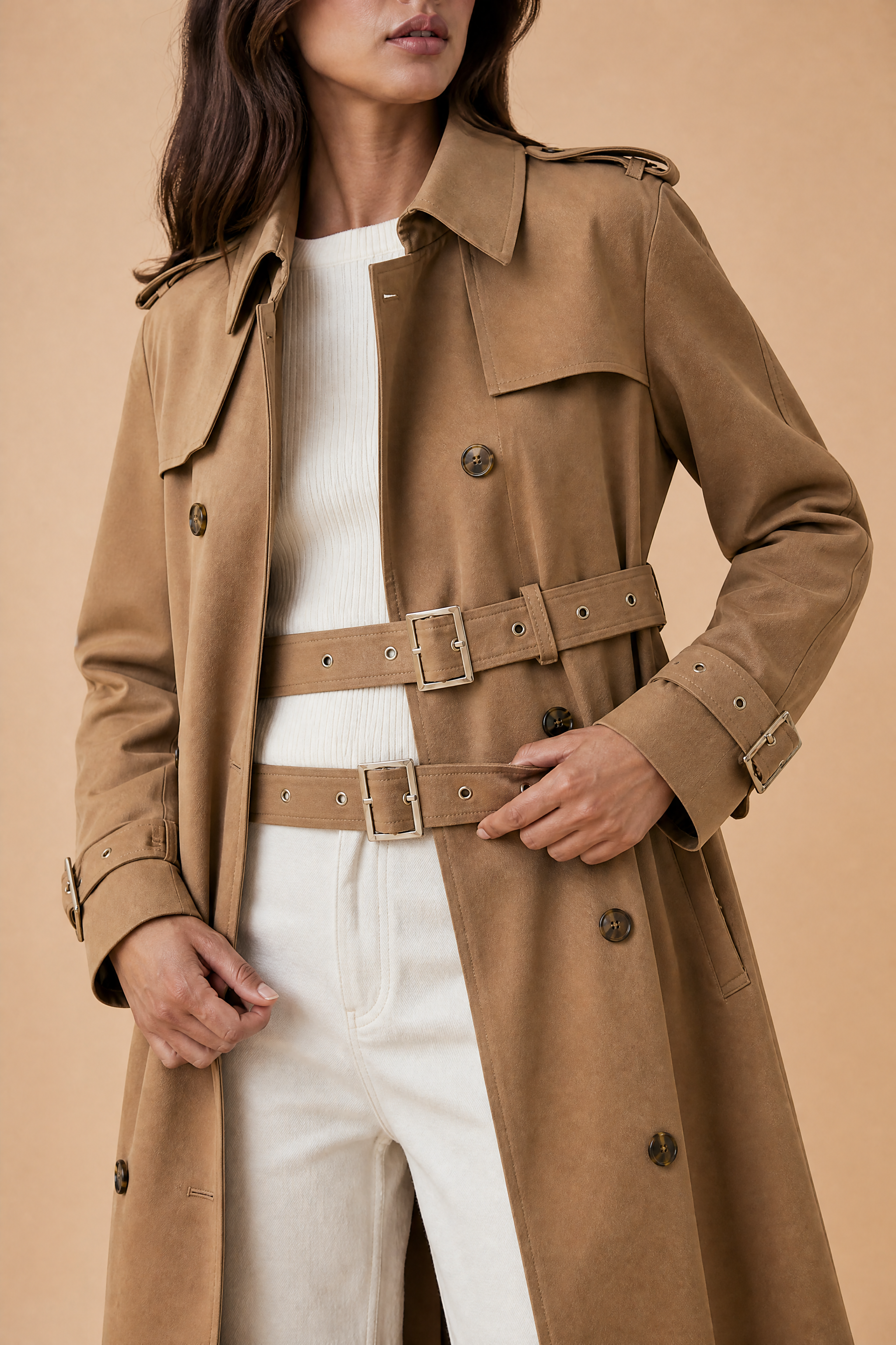 Trench long camel double ceinture | Vue rapprochée | Lounelle Paris