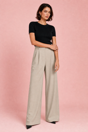 Pantalon taille haute jambes larges | Variante Beige | Lounelle Paris