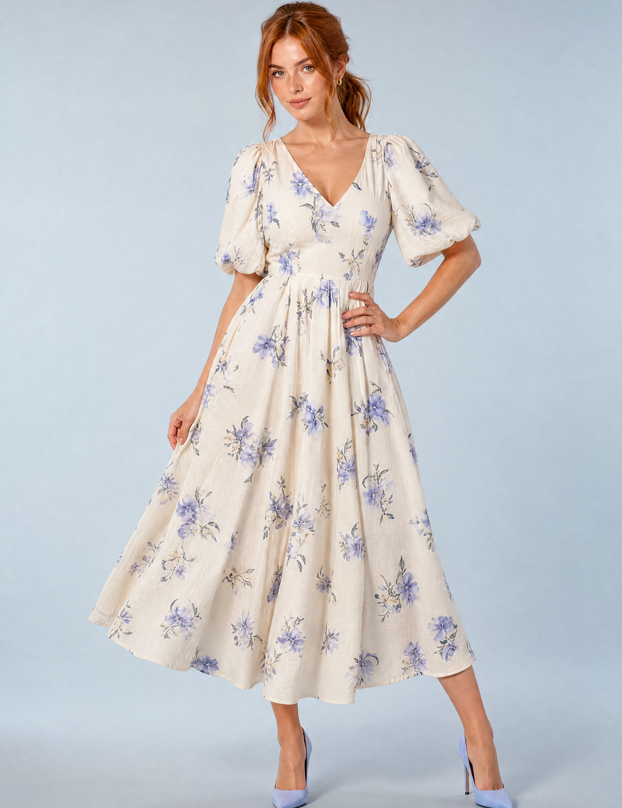 Robe longue écru imprimée col V | Vue de face | Lounelle Paris