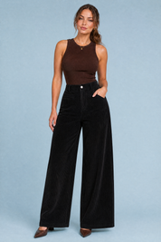 Pantalon large velours côtelé taille haute | Variante Noir | Lounelle Paris