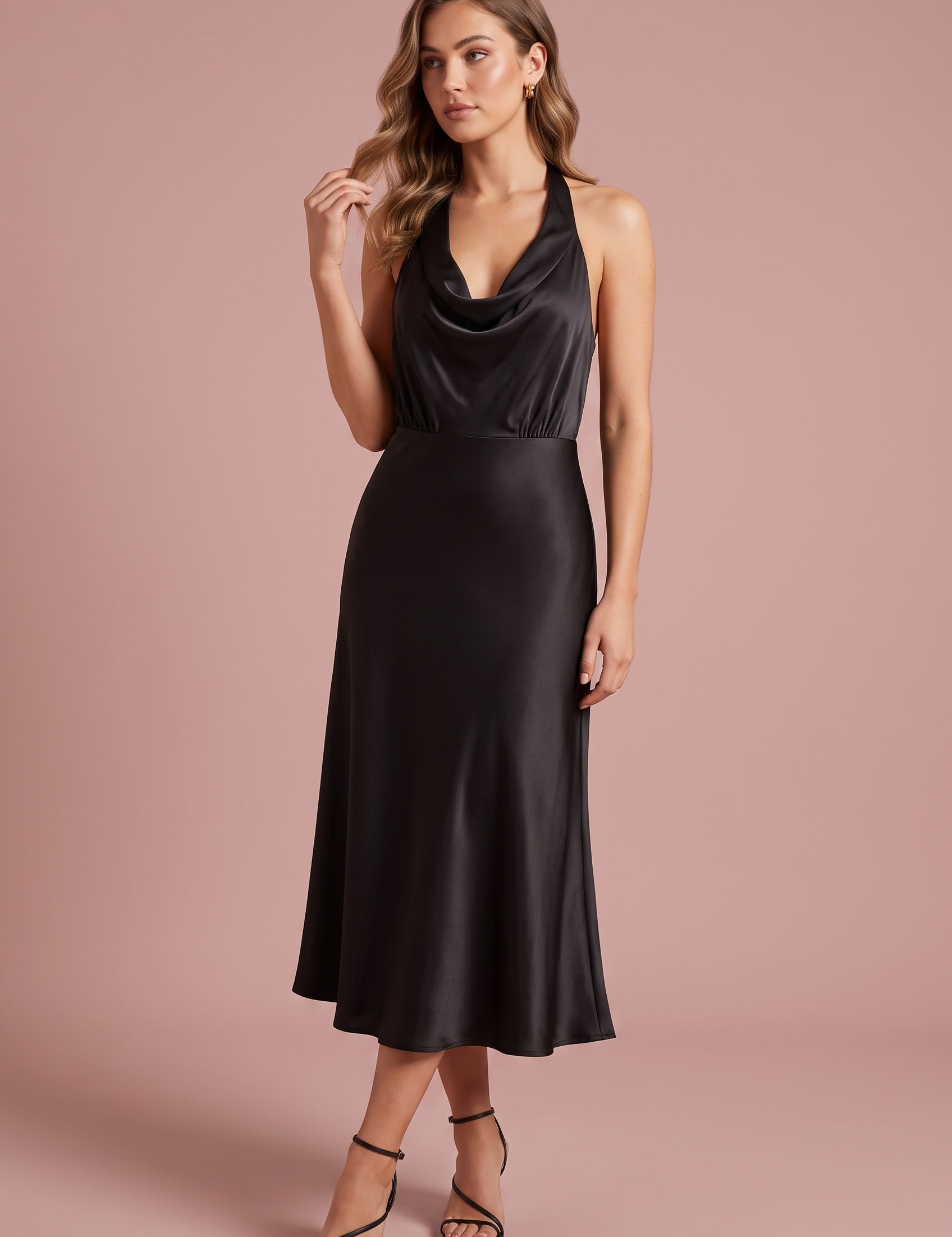 Robe noire col licou satinée | Vue de face | Lounelle Paris
