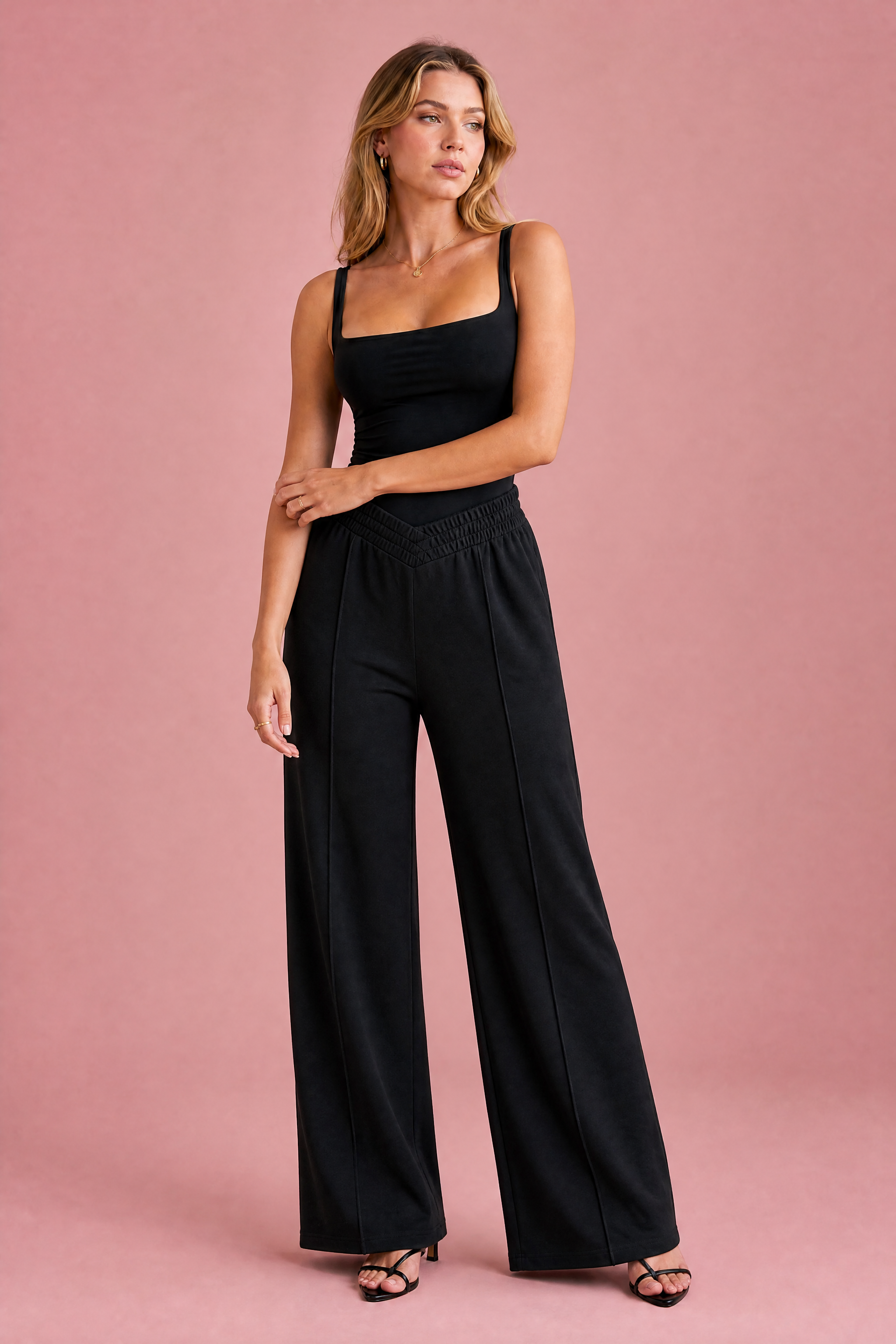 Pantalon large taille élastique en V | Variante Noir | Lounelle Paris