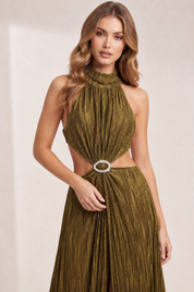 Robe longue or olive dos ouvert | Vue rapprochée | Lounelle Paris