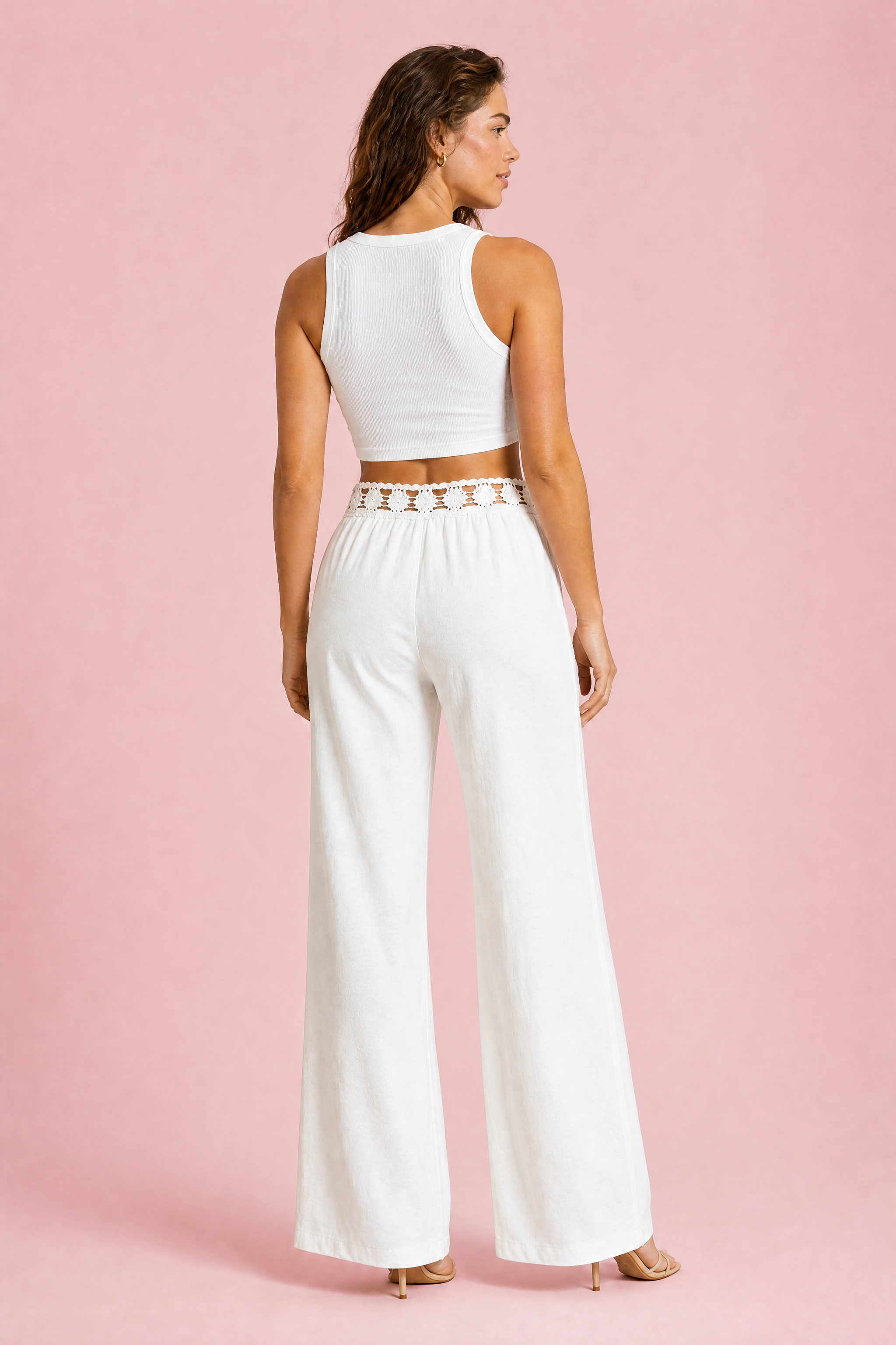 Pantalon large blanc ceinture dentelle | Vue de dos | Lounelle Paris