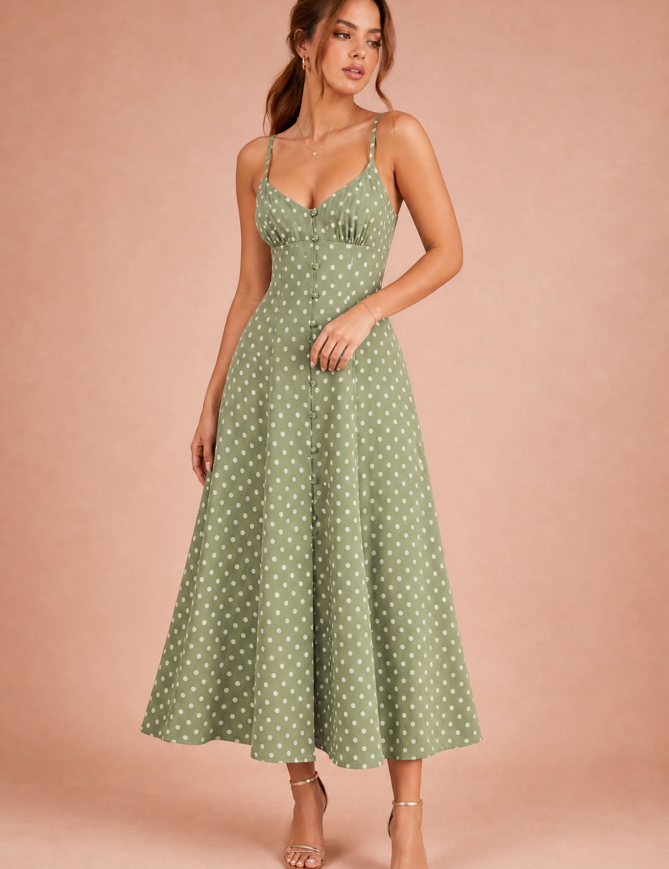 Robe longue verte à pois bretelles | Vue de face | Lounelle Paris