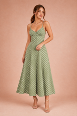 Vestito lungo verde a pois con spalline