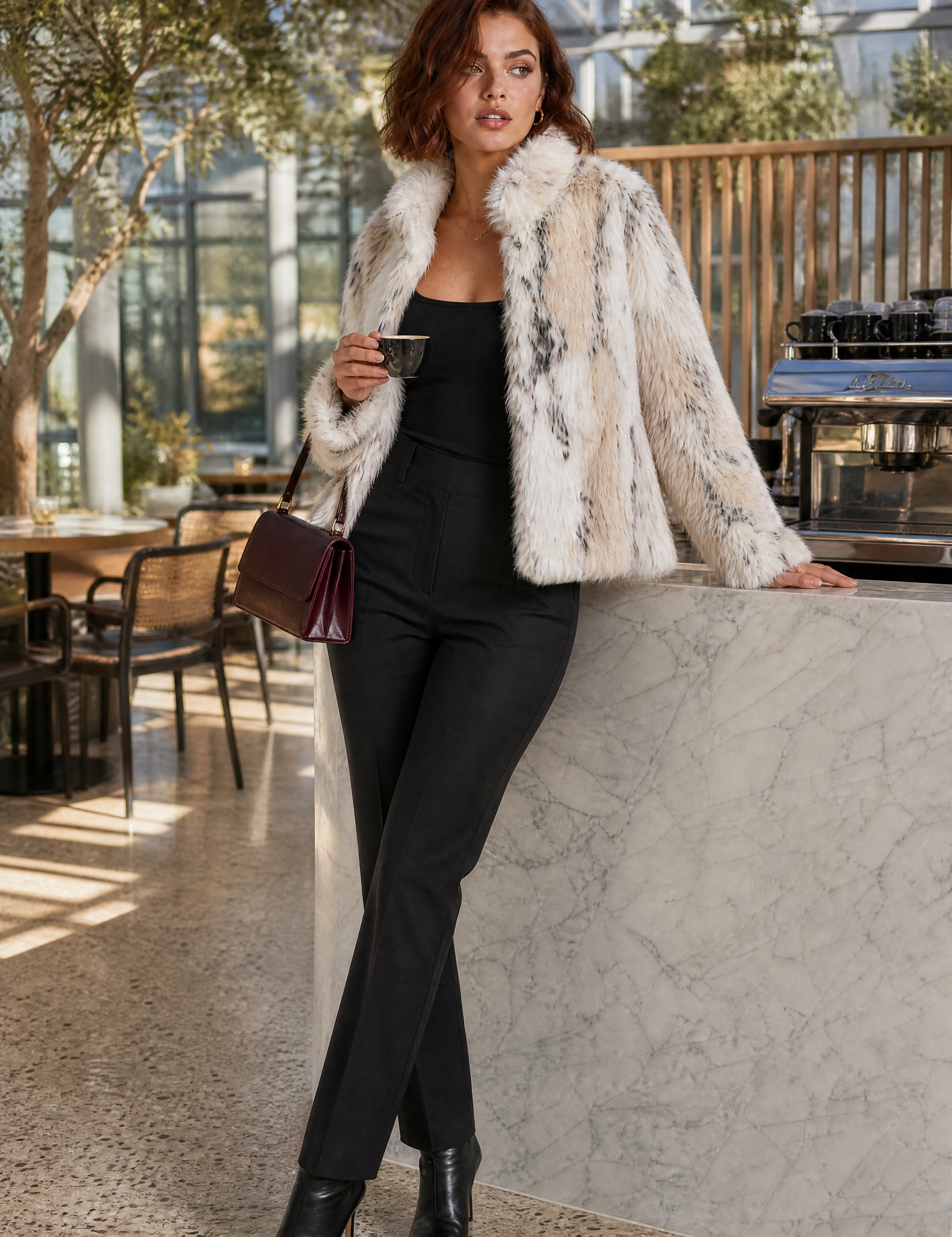 Veste fausse fourrure écru mouchetée | Photo lifestyle | Lounelle Paris