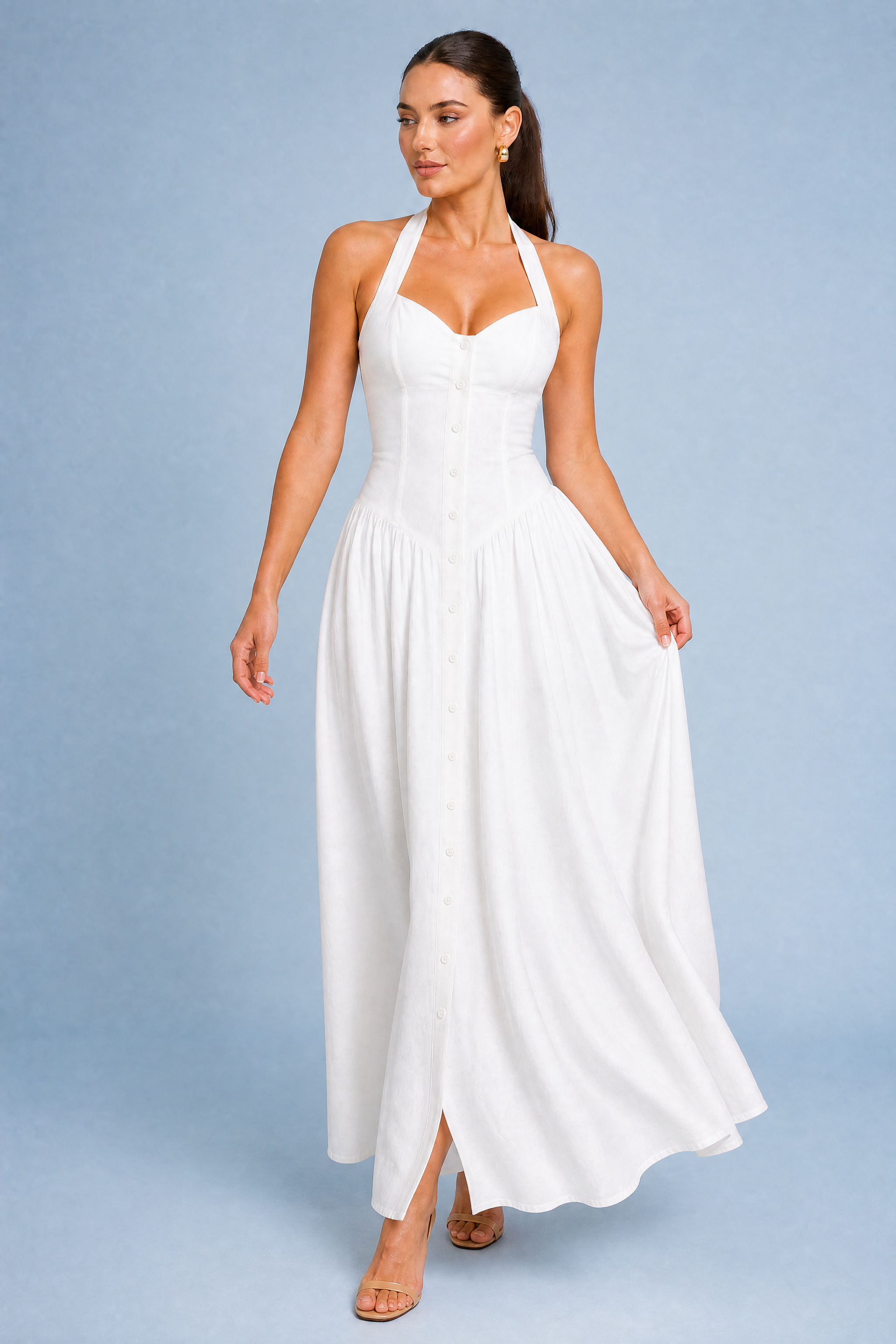 Robe longue blanche licou dos nu | Vue en mouvement | Lounelle Paris