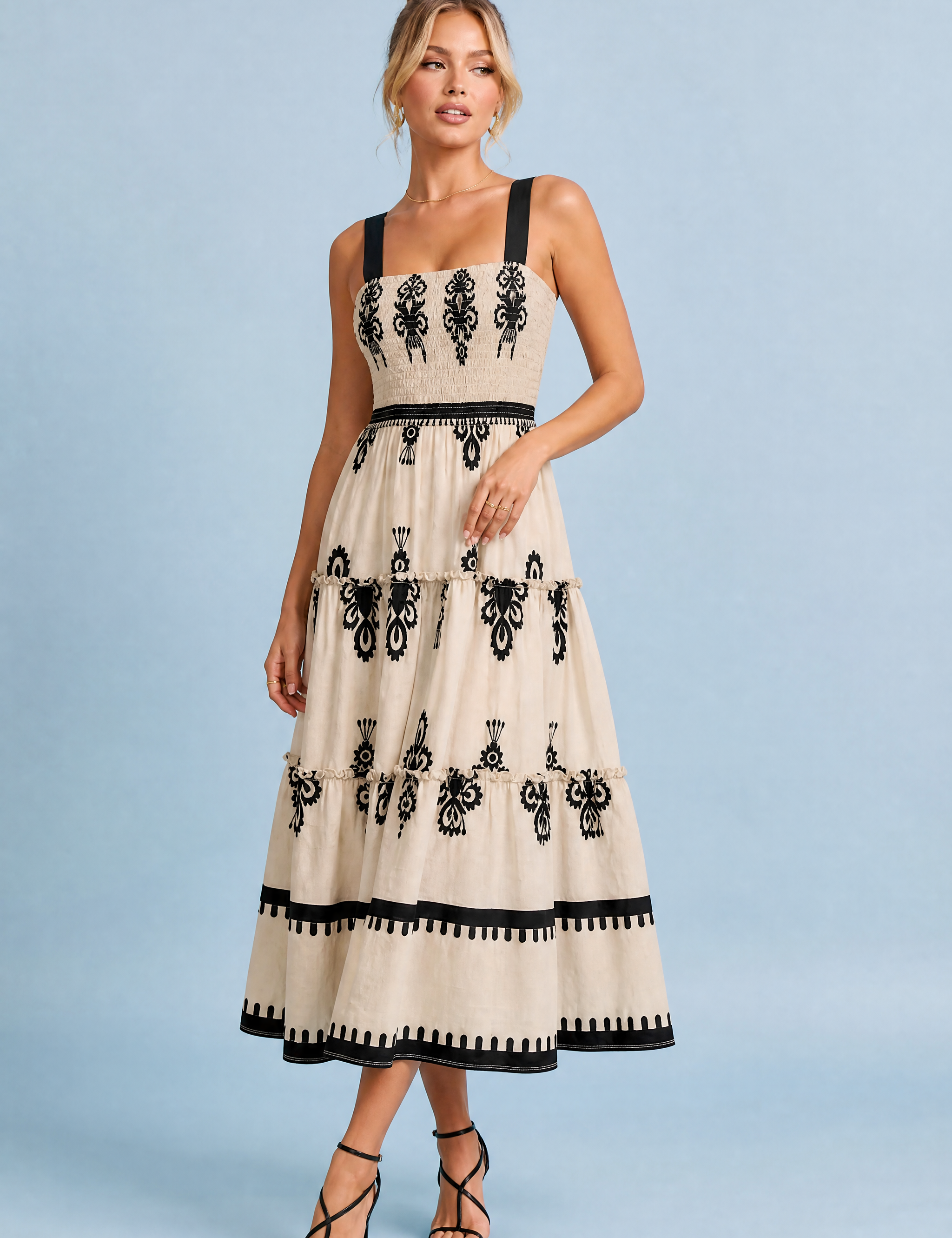 Robe longue abricot imprimée smockée | Vue de face | Lounelle Paris