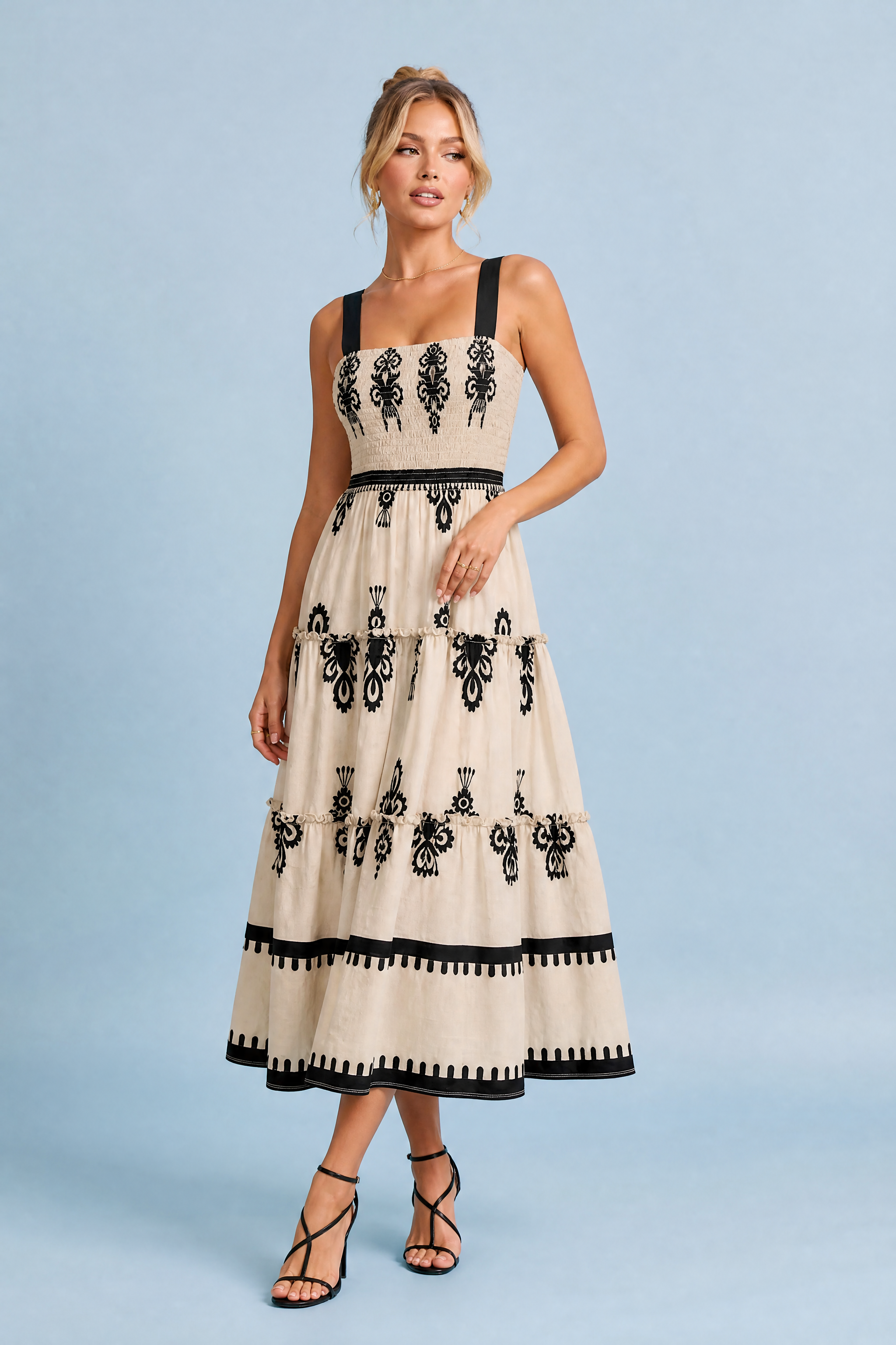 Robe longue abricot imprimée smockée | Vue de face | Lounelle Paris