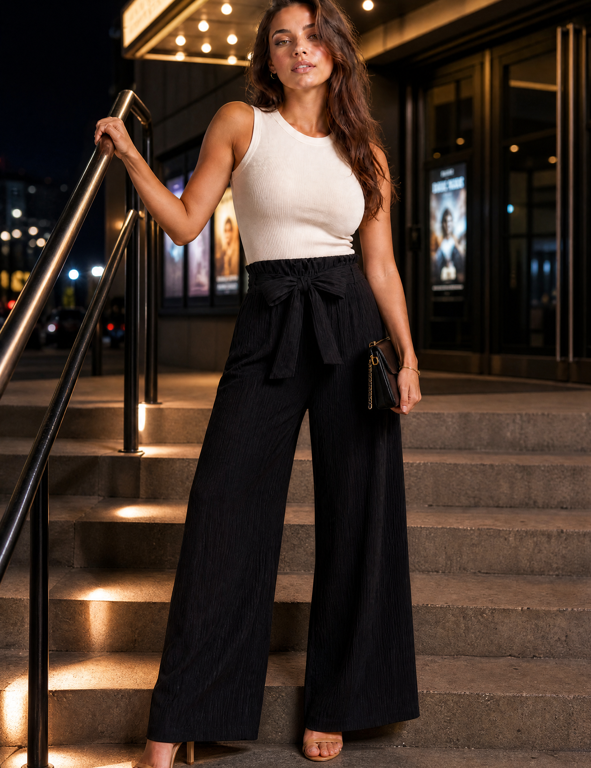 Pantalon large taille haute à nouer | Variante Noir - Lifestyle | Lounelle Paris