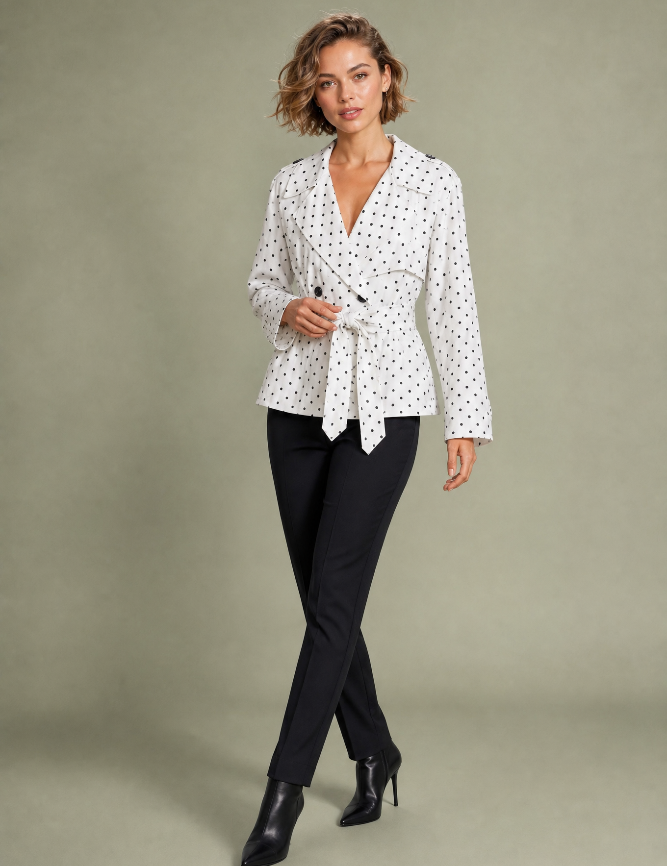 Trench blanc à pois ceinturé | Vue de face | Lounelle Paris