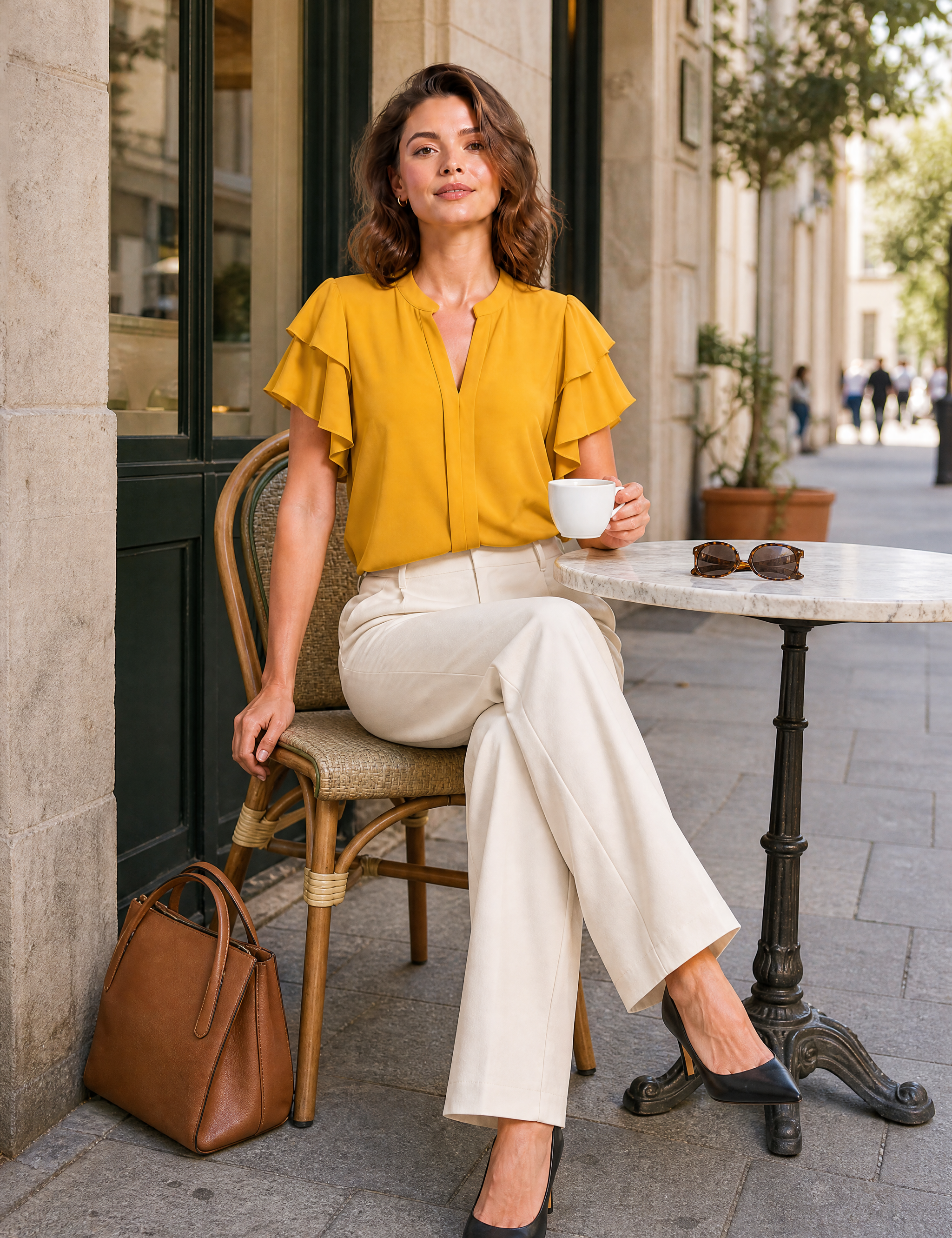 Blouse col V manches volantées | Variante Jaune - Lifestyle | Lounelle Paris