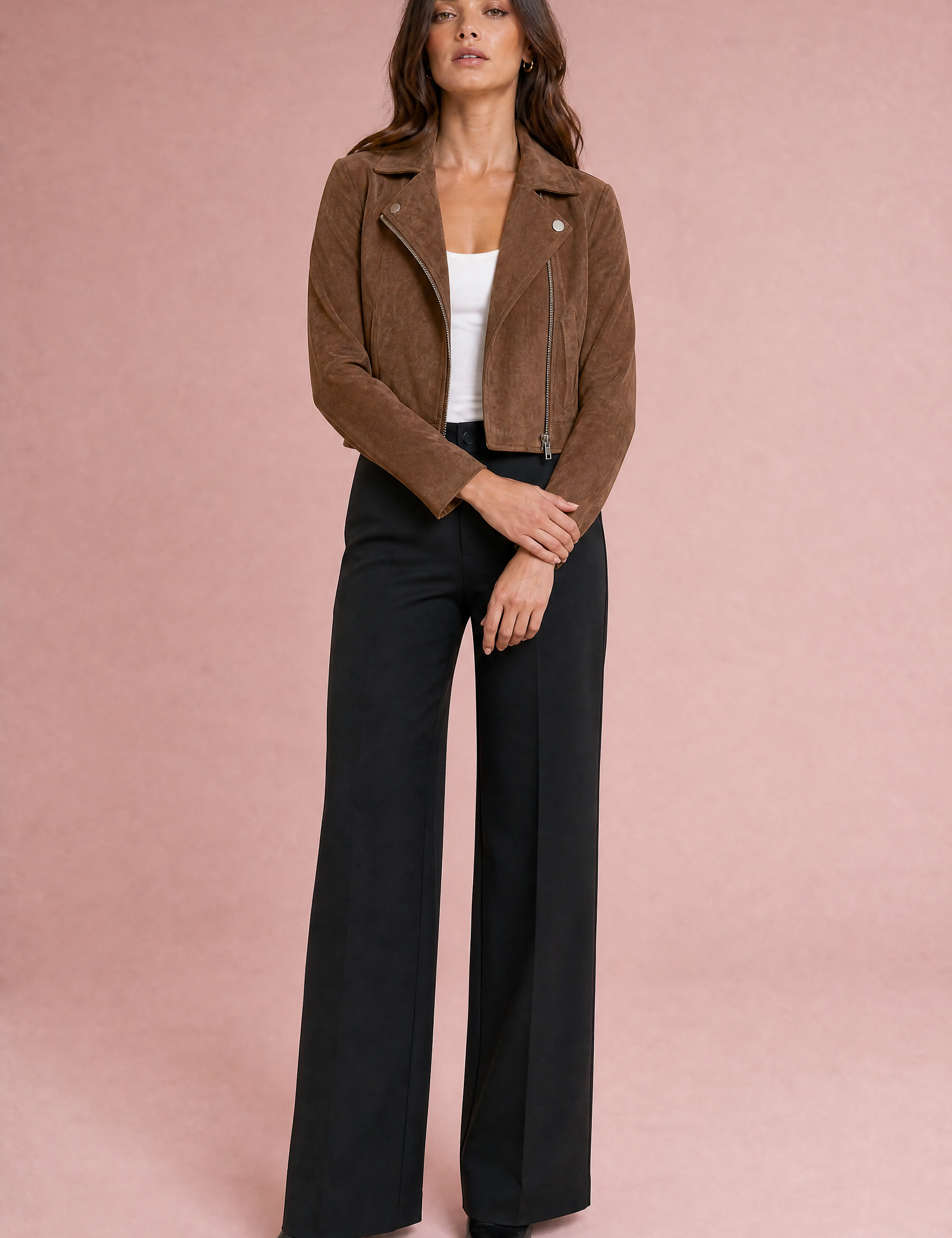 Veste courte suédine zip asymétrique | Variante Marron | Lounelle Paris