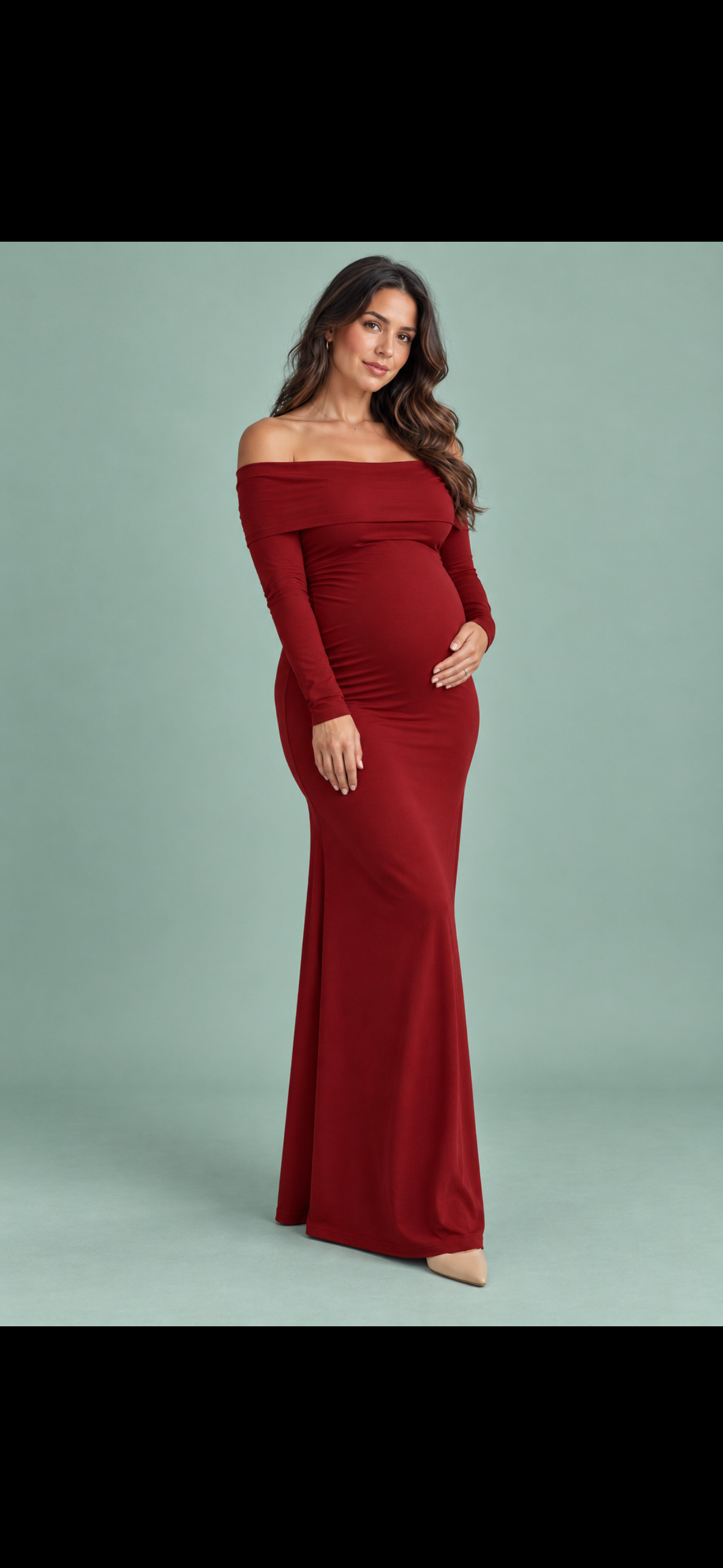 Abito maxi premaman bordeaux in mesh arricciato con scollo Bardot