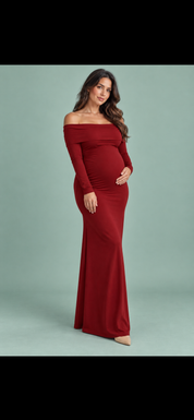 Abito maxi premaman bordeaux in mesh arricciato con scollo Bardot