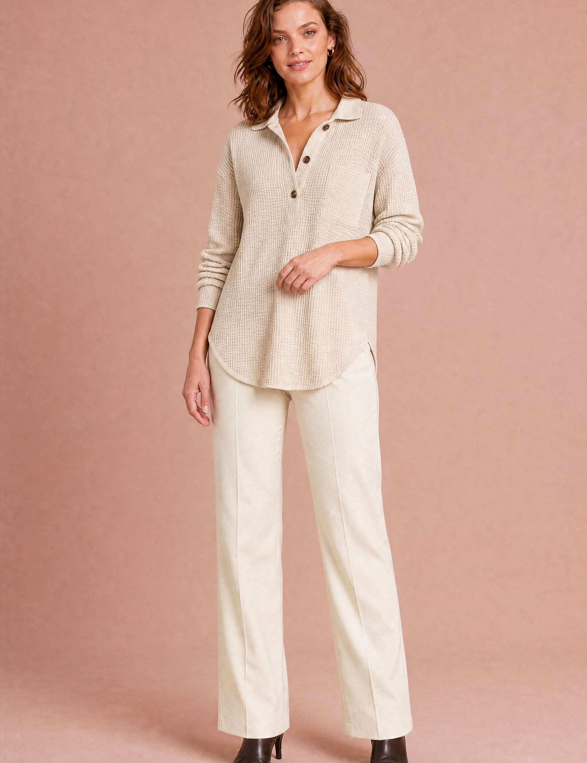 Top maille gaufrée col chemise | Variante Beige | Lounelle Paris