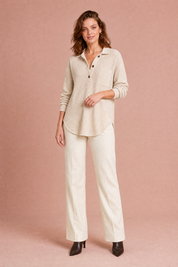 Top maille gaufrée col chemise | Variante Beige | Lounelle Paris