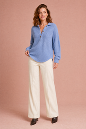 Top maille gaufrée col chemise | Variante Bleu | Lounelle Paris