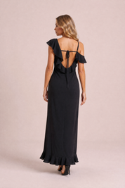 Robe noire asymétrique fendue | Vue de dos | Lounelle Paris