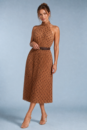 Vestito marrone a pois con collo halter