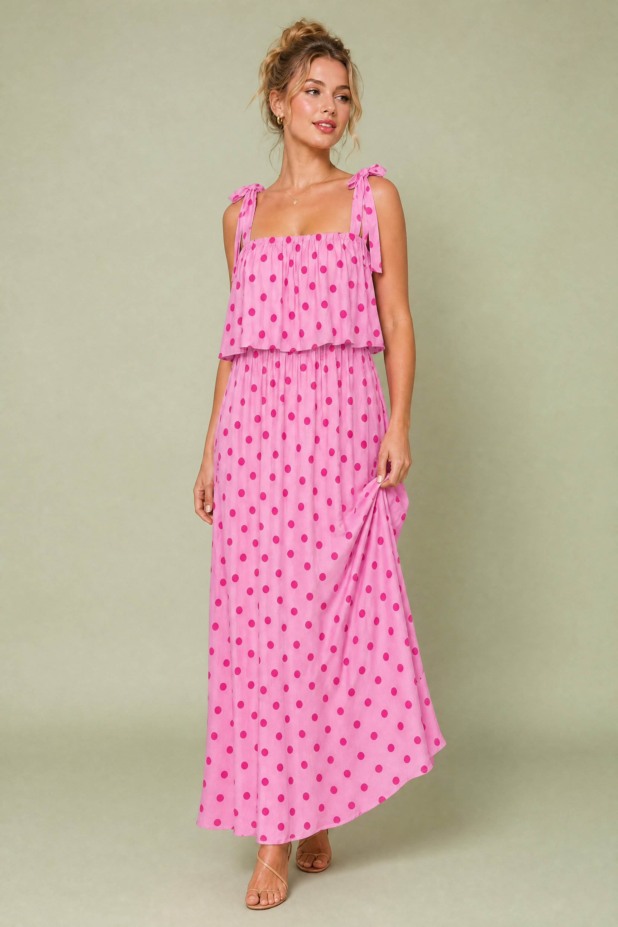 Robe longue rose à pois | Vue de face | Lounelle Paris