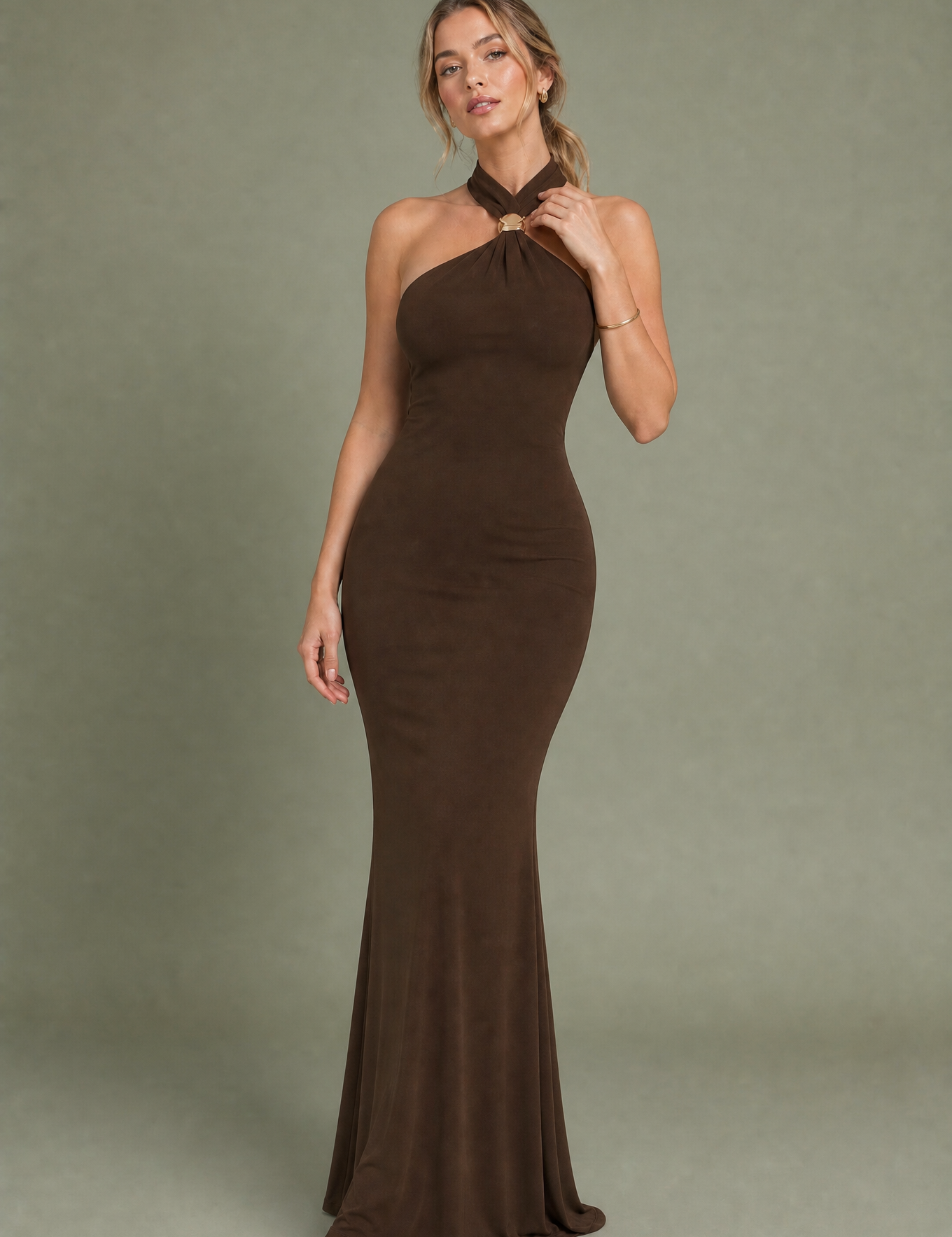 Robe longue ajustée col licou | Variante Brun | Lounelle Paris
