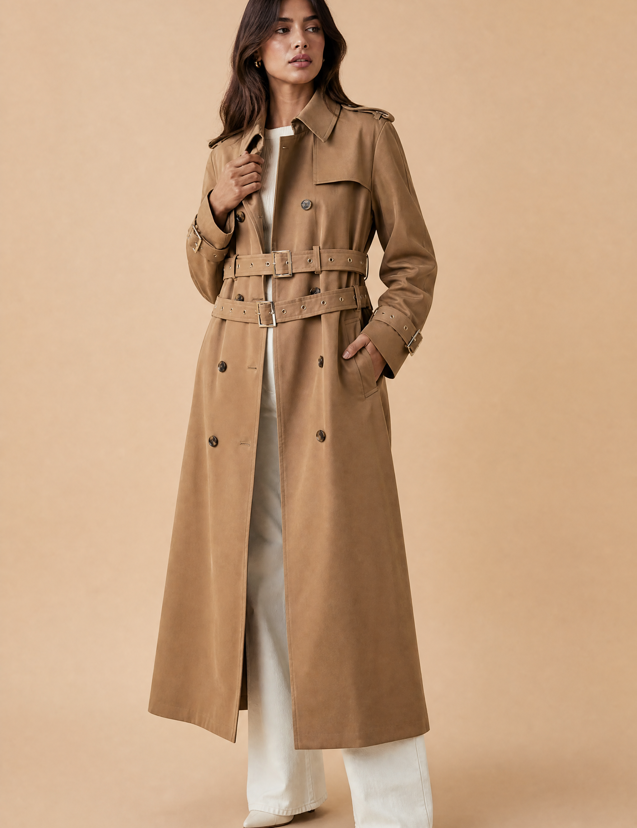 Trench long camel double ceinture | Vue de face | Lounelle Paris