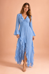 Vestito lungo blu con volant