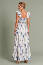 Robe longue écru imprimé floral encolure carrée | Vue de dos | Lounelle Paris