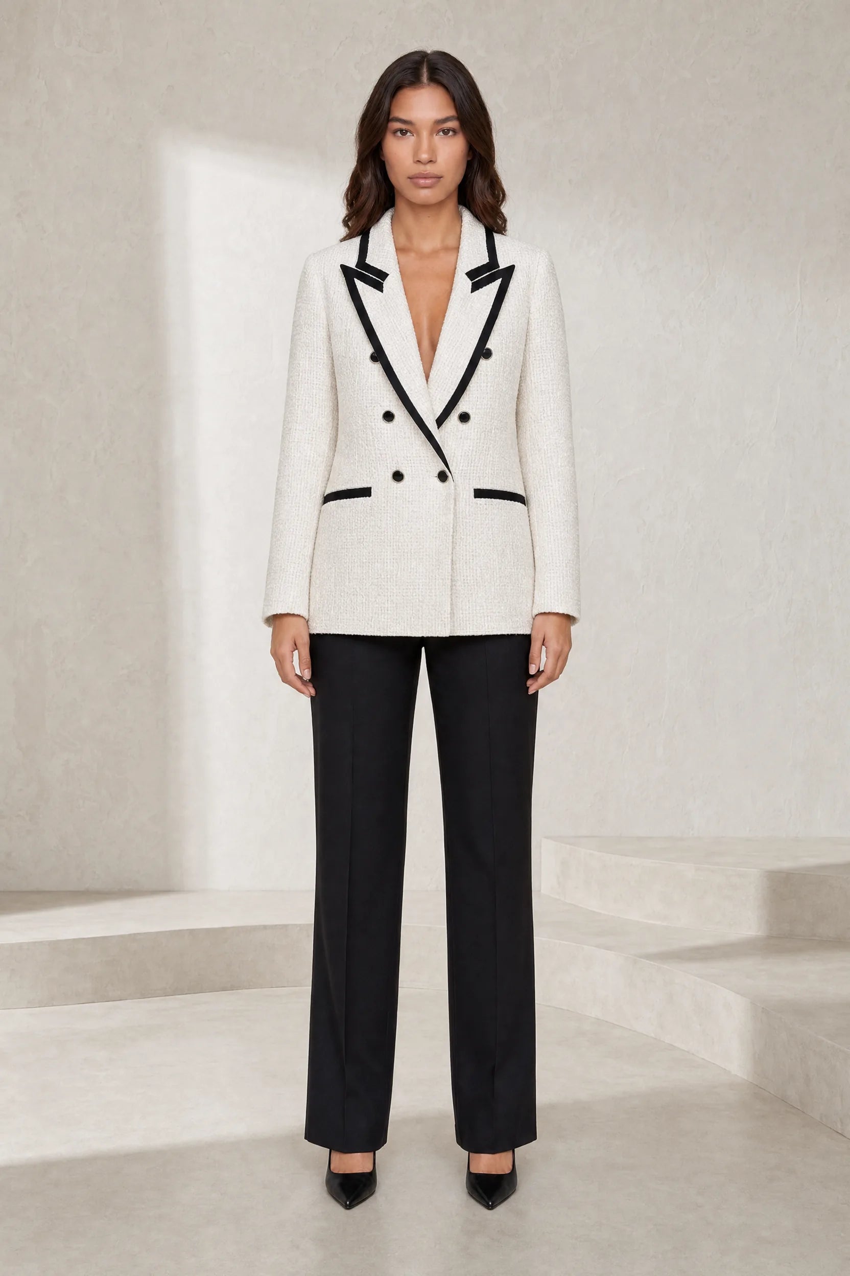 Blazer blanc tweed à contraste noir | Lounelle Paris