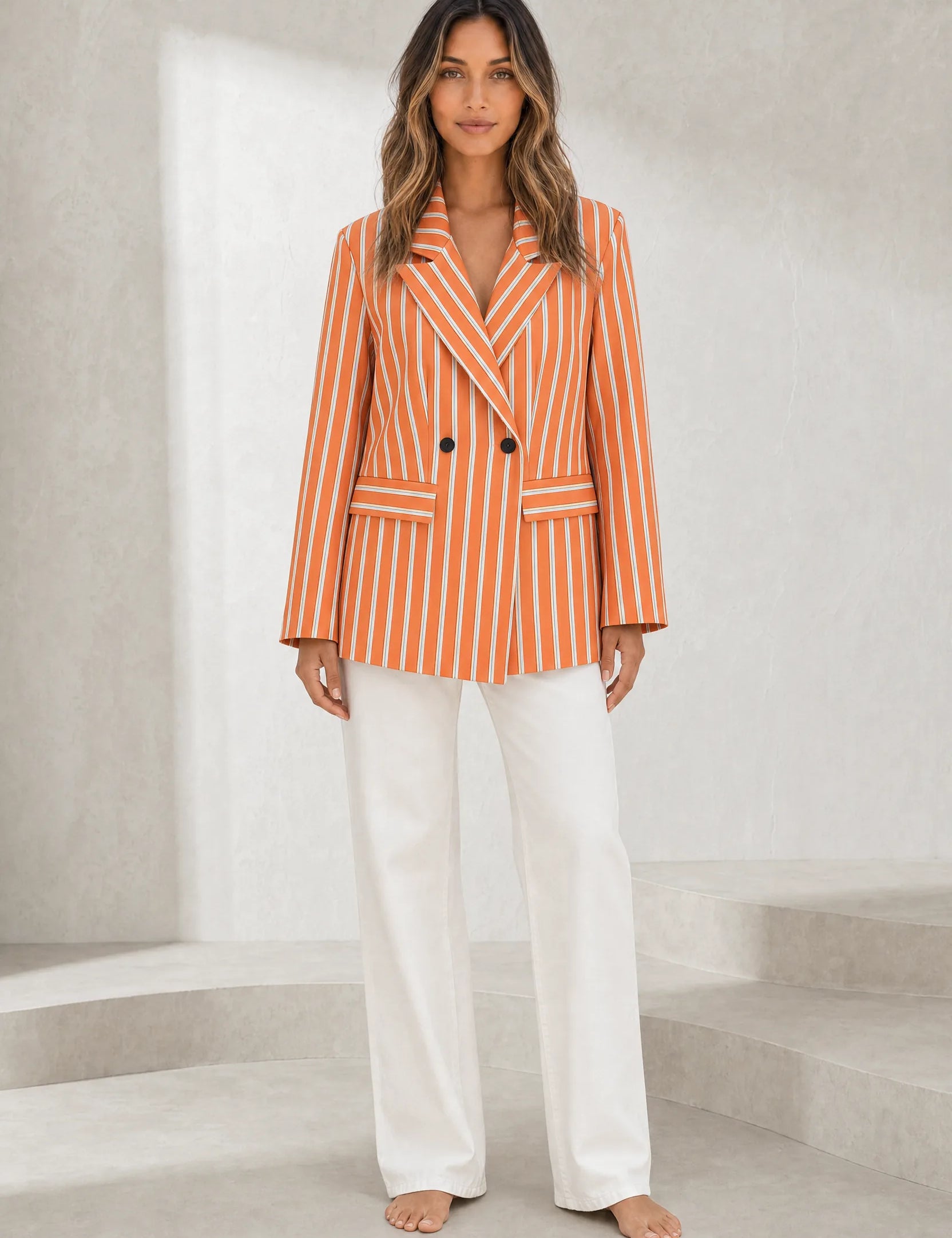 Blazer orange rayé coupe ample | Lounelle Paris