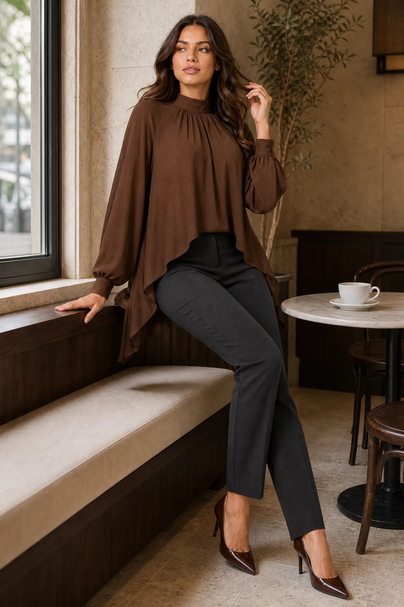 Blouse marron col montant asymétrique | Photo lifestyle | Lounelle Paris