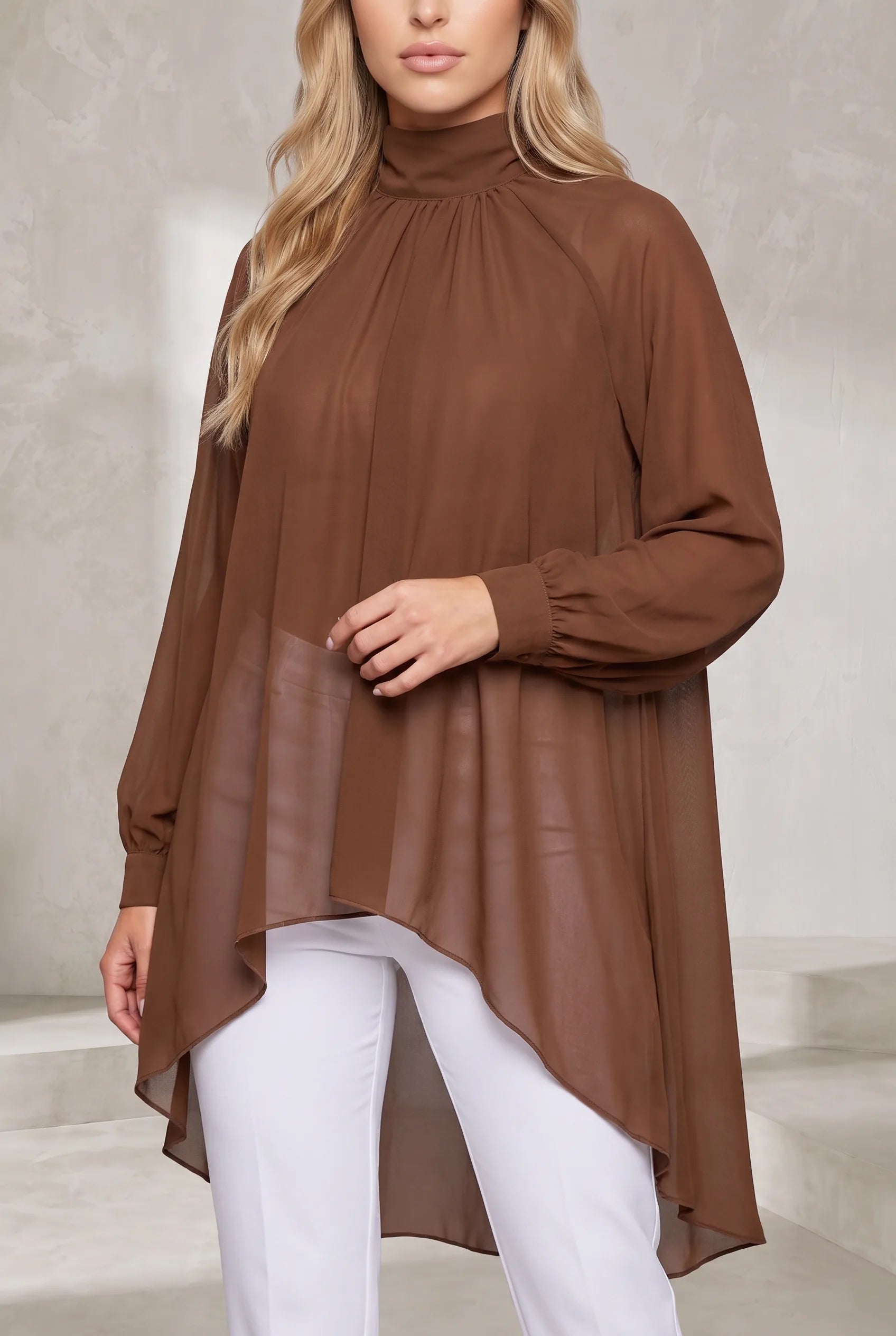 Blouse marron col montant asymétrique | Lounelle Paris
