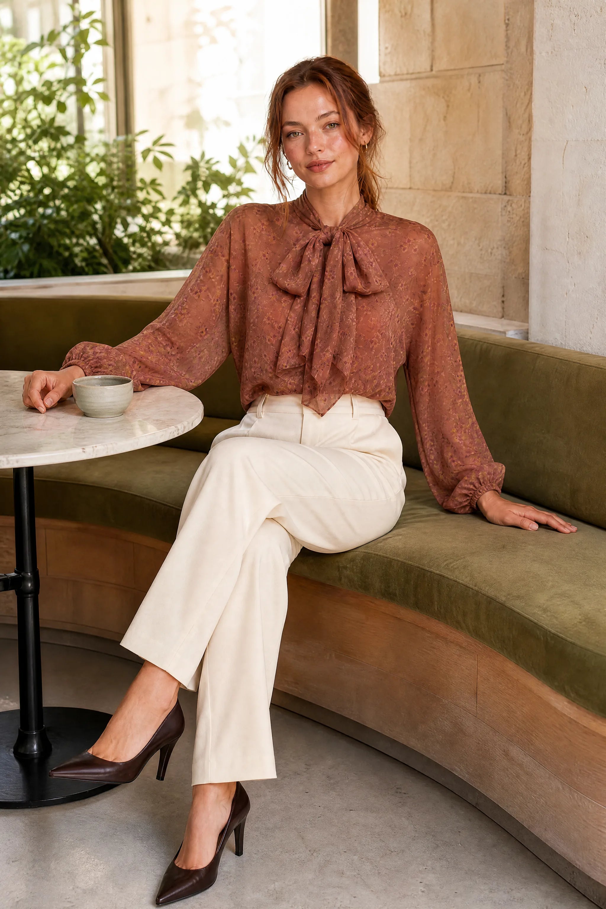 Blouse marron fleurie col lavallière | Photo lifestyle | Lounelle Paris