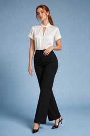 Blouse satinée col montant manches courtes | Vue de face | Lounelle Paris