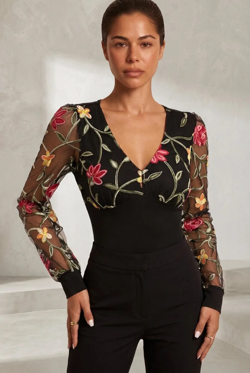 Body noir col V manches brodées | Lounelle Paris