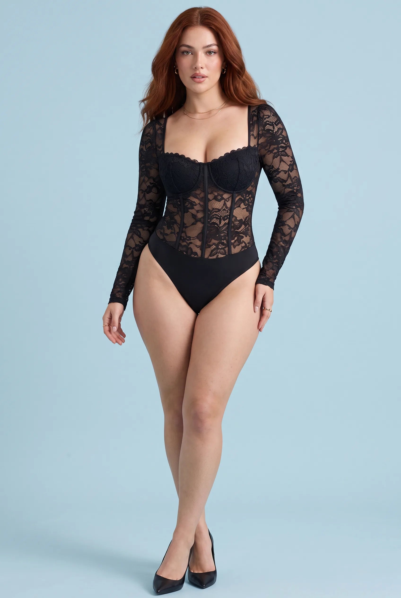 Body noir dentelle encolure carrée | Vue de face | Lounelle Paris