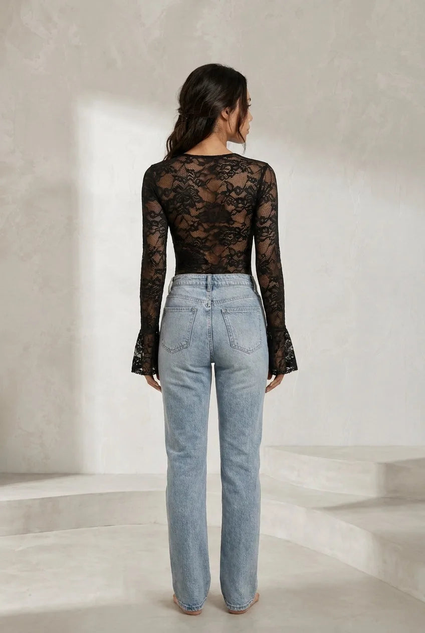 Body noir en dentelle à col V | Lounelle Paris