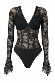 Body noir en dentelle à col V | Lounelle Paris