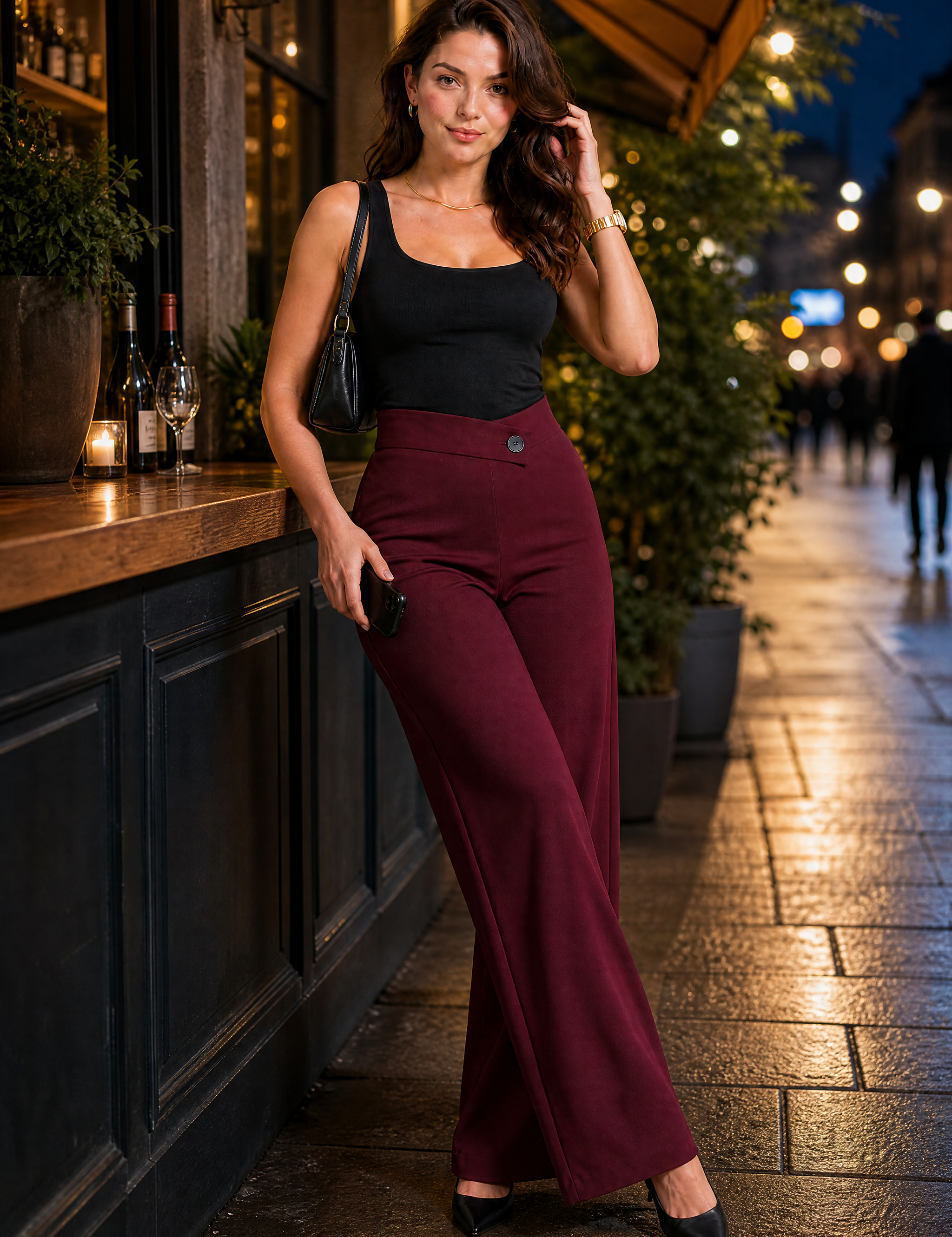 Pantalon fluide taille haute ceinture croisée | Variante Bordeaux - Lifestyle | Lounelle Paris