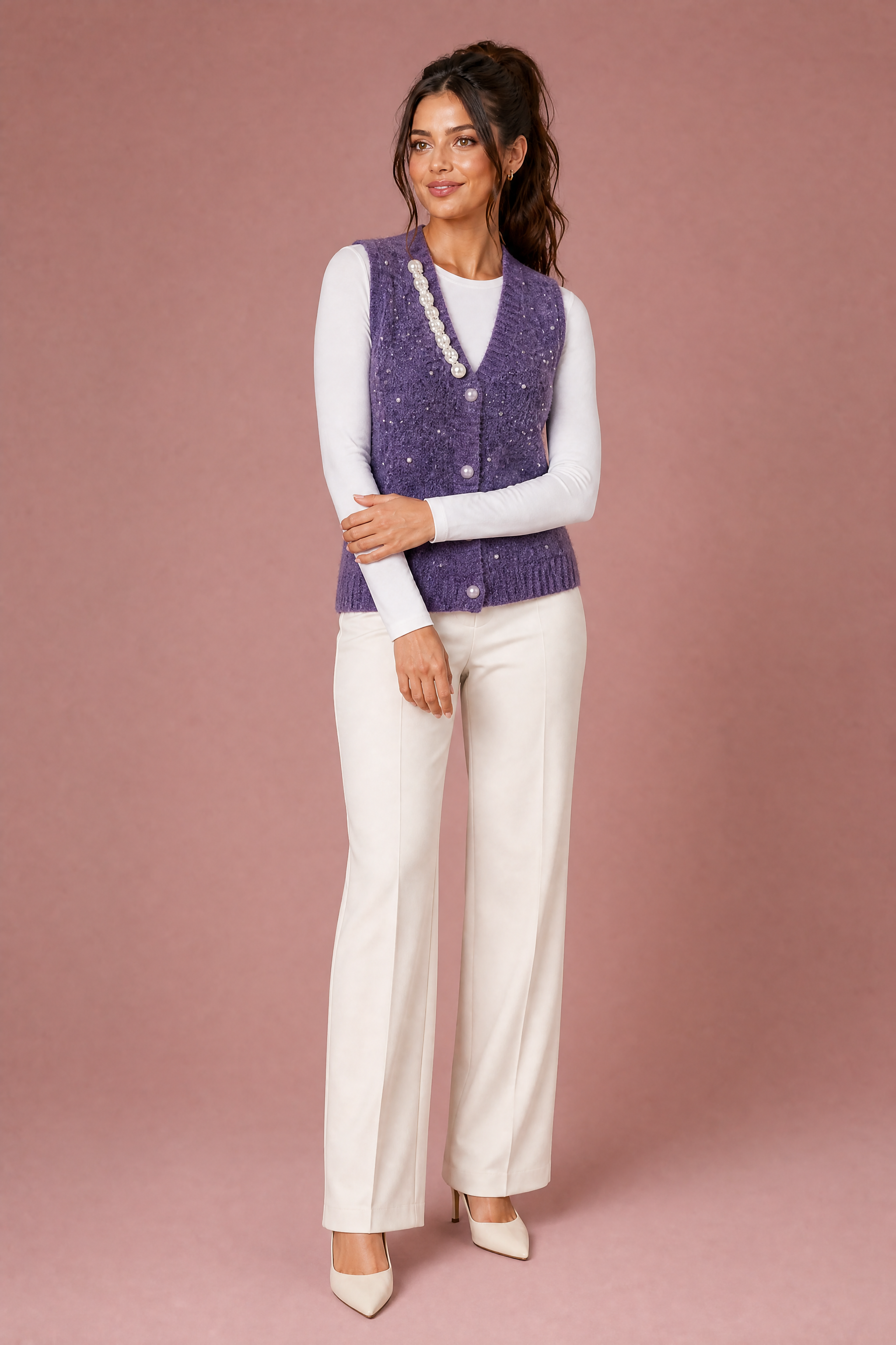 Gilet sans manches col V perlé | Variante Violet | Lounelle Paris